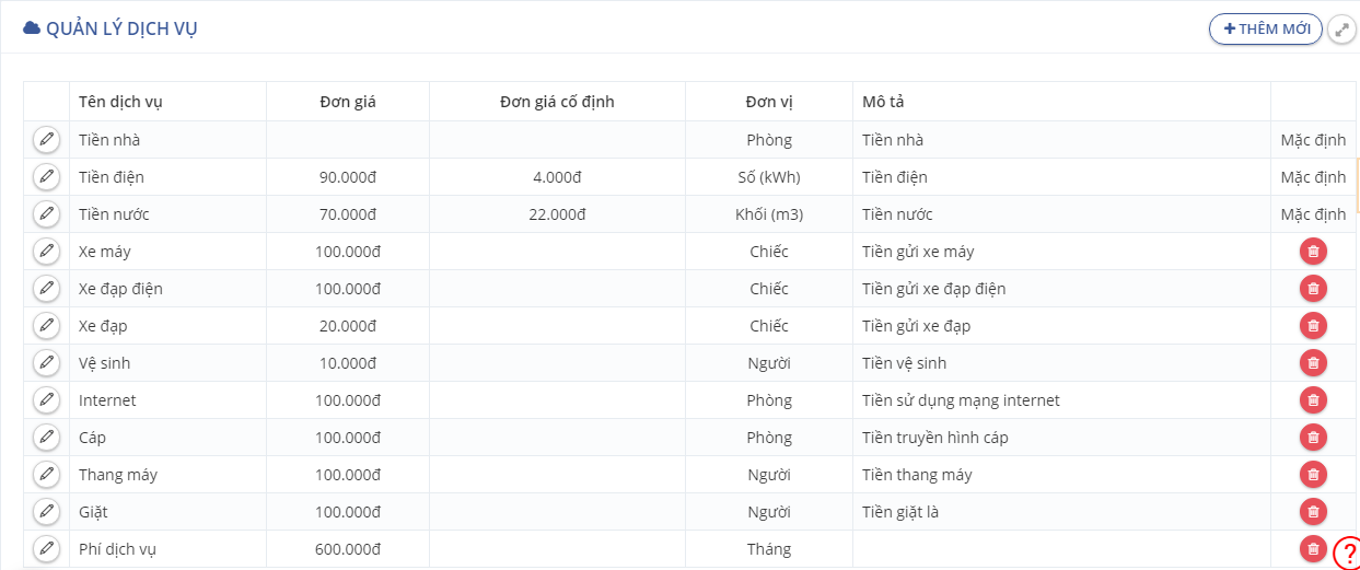 Bảng hiển thị tất cả các dịch vụ cơ bản trong phần mềm